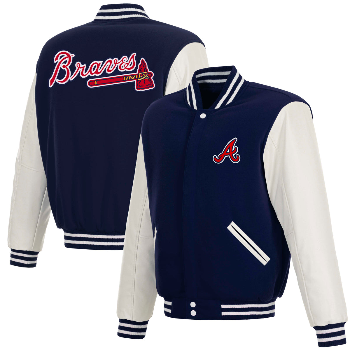 MLB Atlanta Braves JH Design Reversible Varsity Jacket- Navy/White