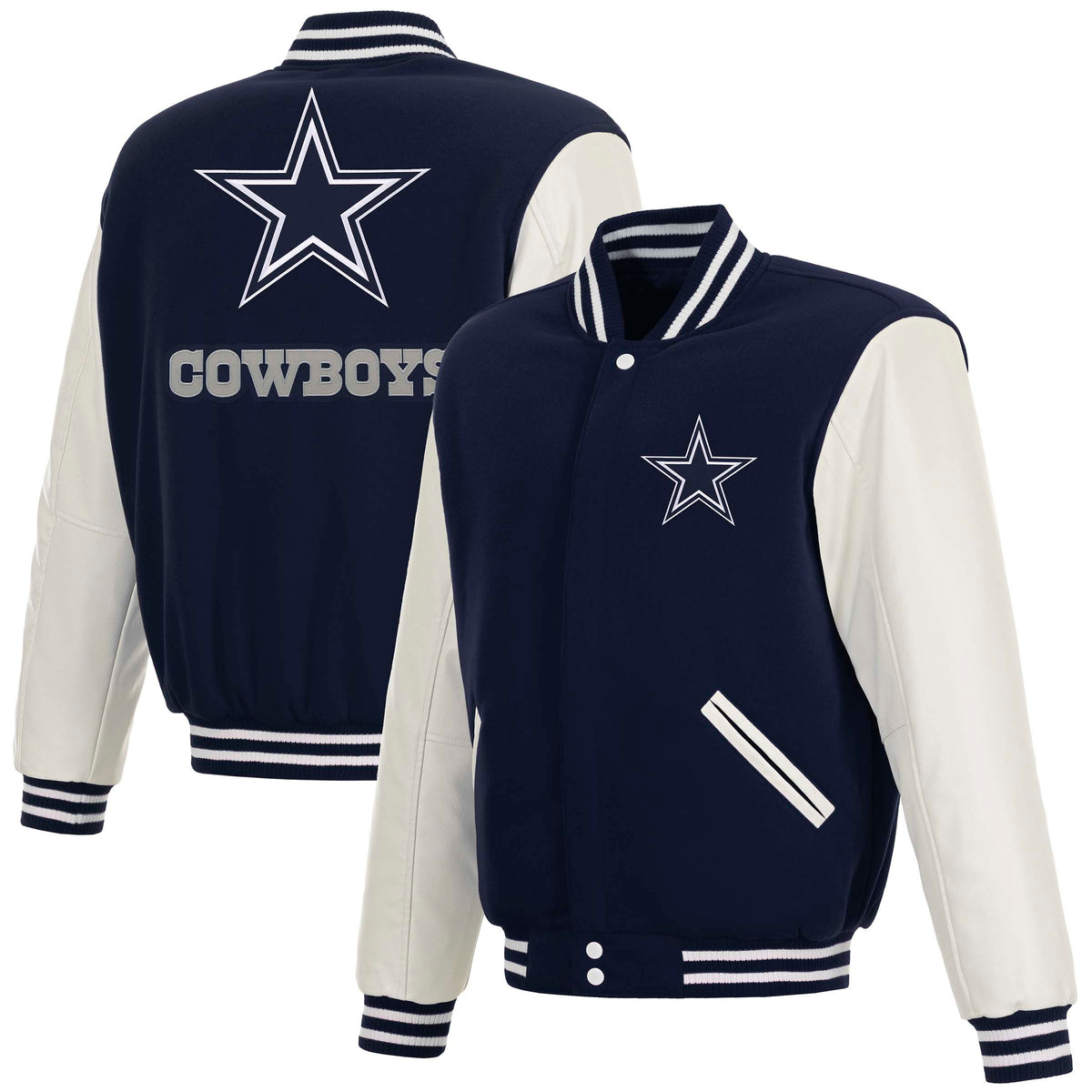 NFL Dallas Cowboys JH Design Reversible Varsity Jacket- Navy/White