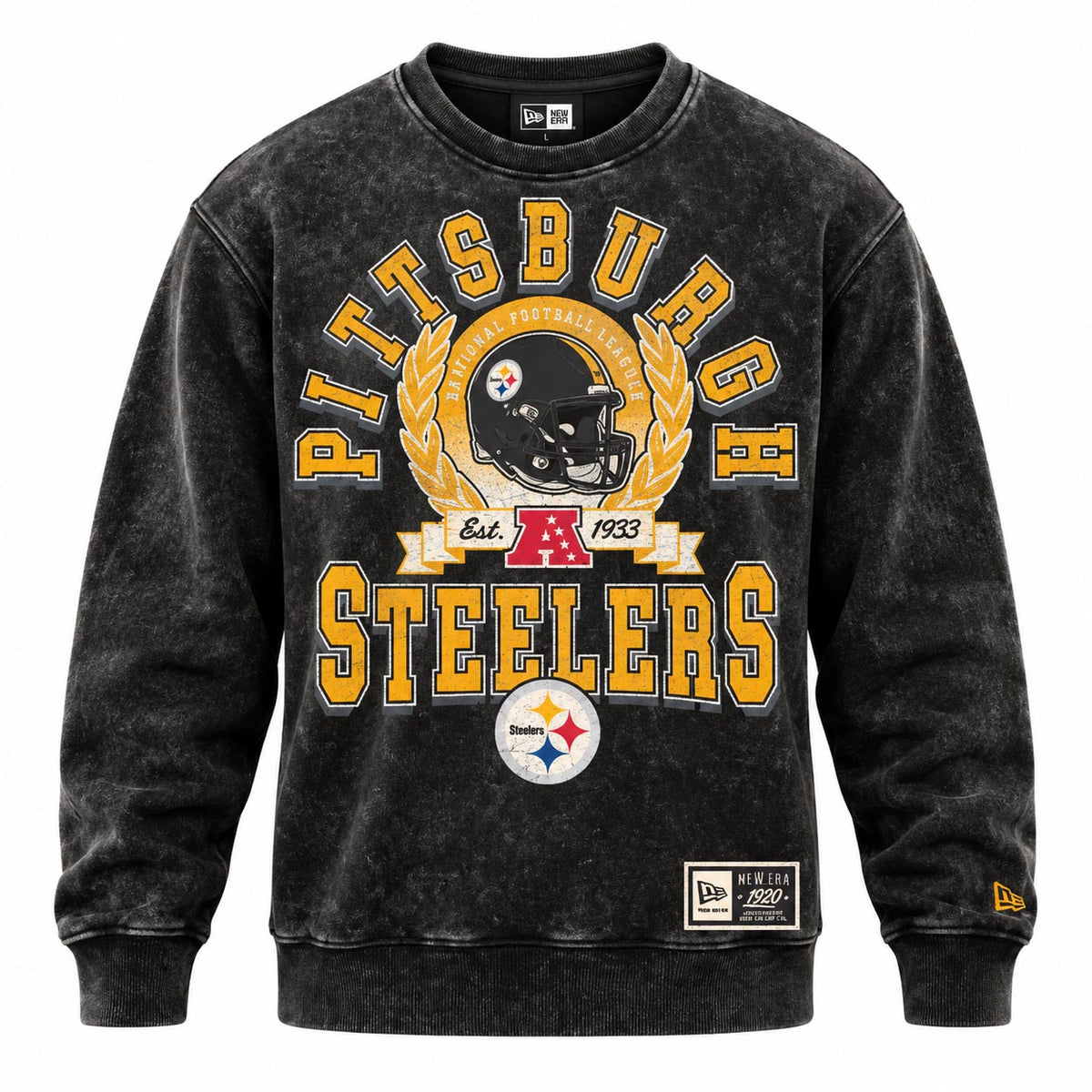 NFL Pittsburgh Steelers New Era Washed Crewneck Sweater- Black