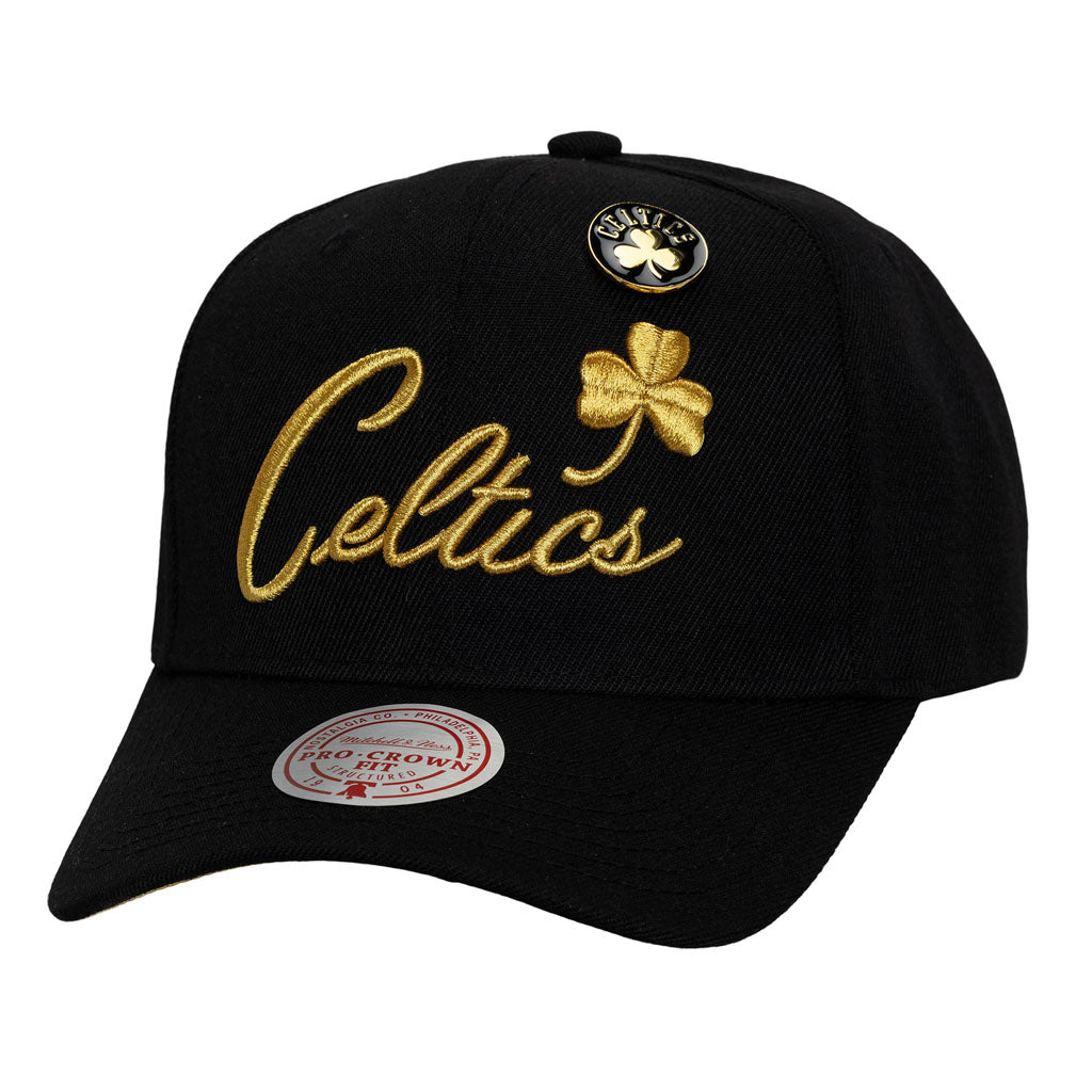 NBA Boston Celtics Mitchell & Ness Pinned Gold Pro Snapback Hat - Black