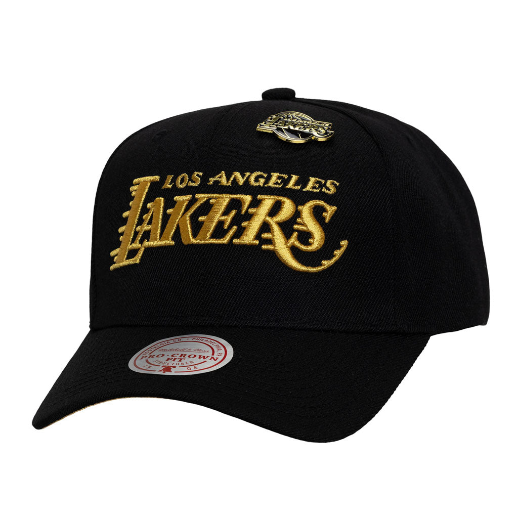 NBA Los Angeles Lakers Mitchell & Ness Pinned Gold Pro Snapback Hat - Black