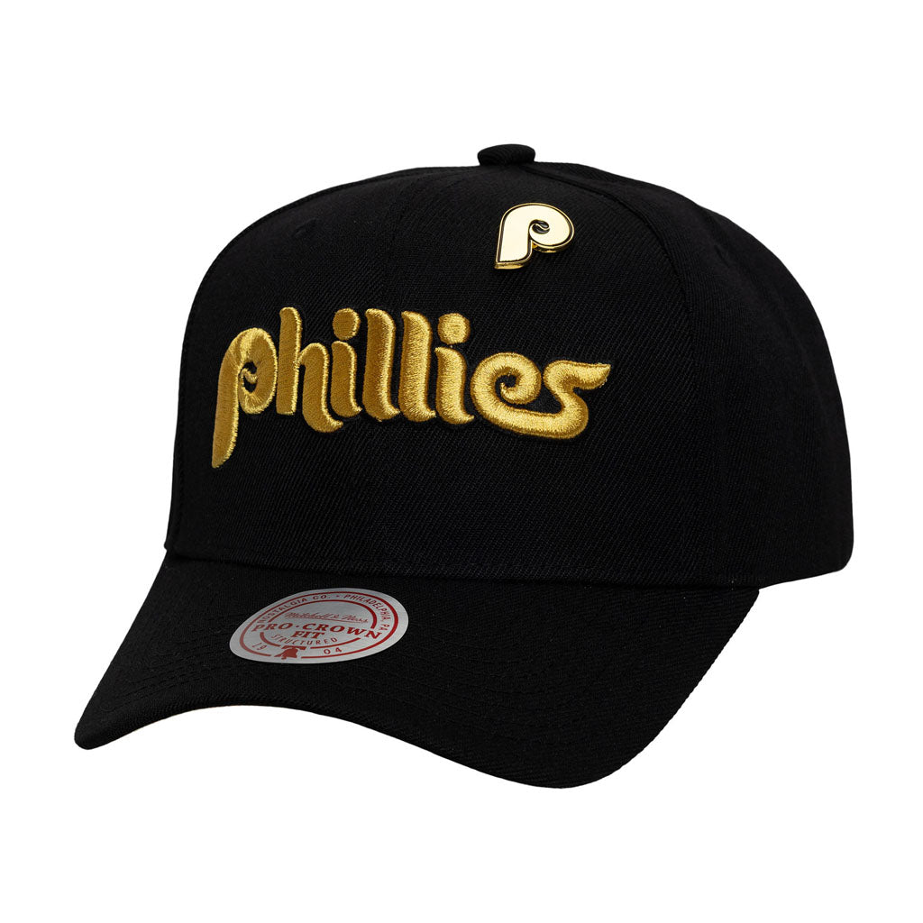 MLB Philadelphia Phillies Mitchell & Ness Pinned Gold Pro Snapback Hat - Black