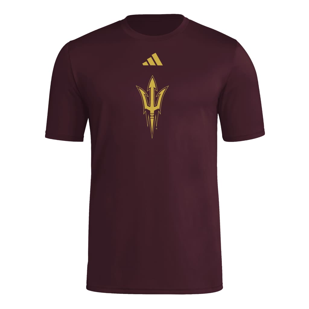 NCAA Arizona State Sun Devils Adidas Fork Logo Pregame T-Shirt- Maroon