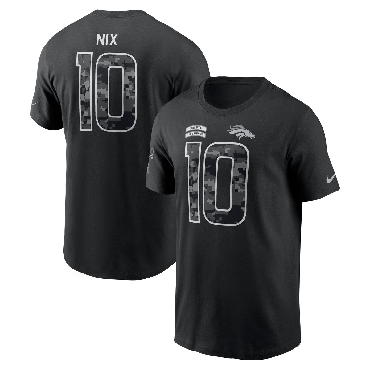 NFL Denver Broncos Bo Nix Nike 2026 Salute to Service Name & Number T-Shirt- Black