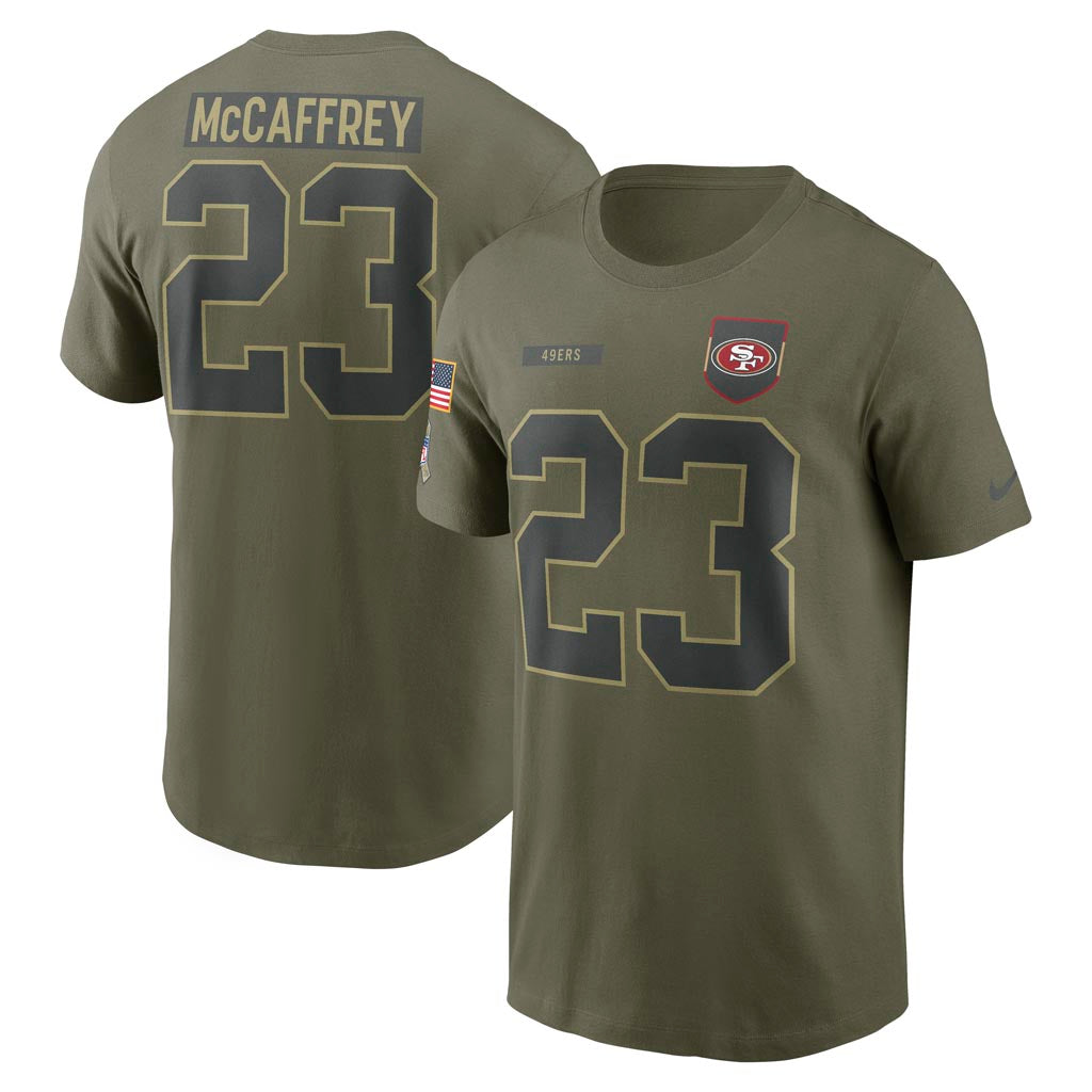 NFL San Francisco 49ers Christian McCaffrey Nike 2025 Salute to Service Name & Number T-Shirt - Green