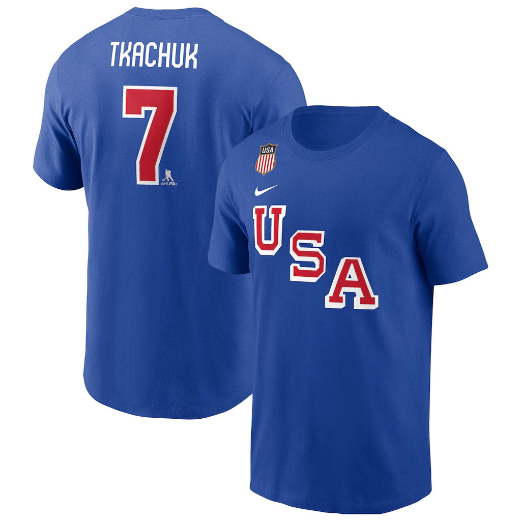 Team USA Brady Tkachuk Nike 2026 Hockey Name & Number T-Shirt - Blue
