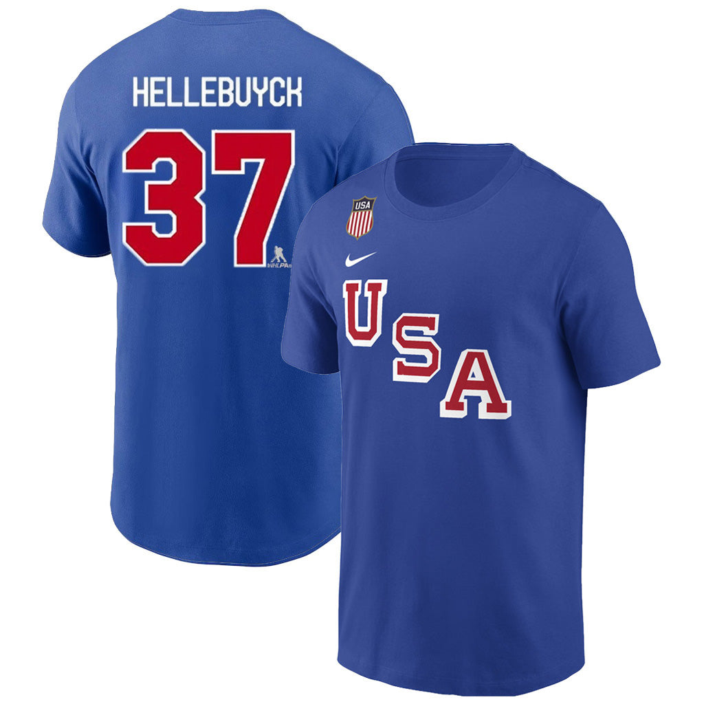 Team USA Connor Hellebuyck Nike 2026 Hockey Name & Number T-Shirt - Blue