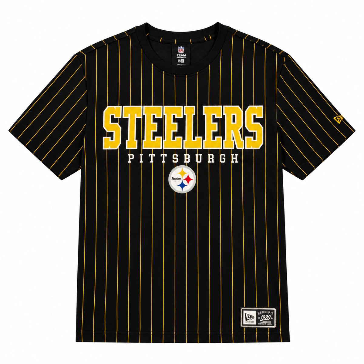 NFL Pittsburgh Steelers New Era Team Name Pinstripe T-Shirt- Black