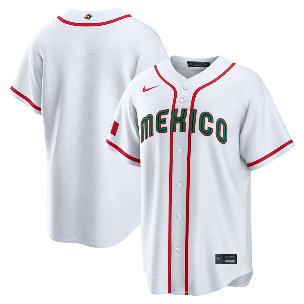 White baseball jersey with 'Mexico' printed on it, featuring red accents.