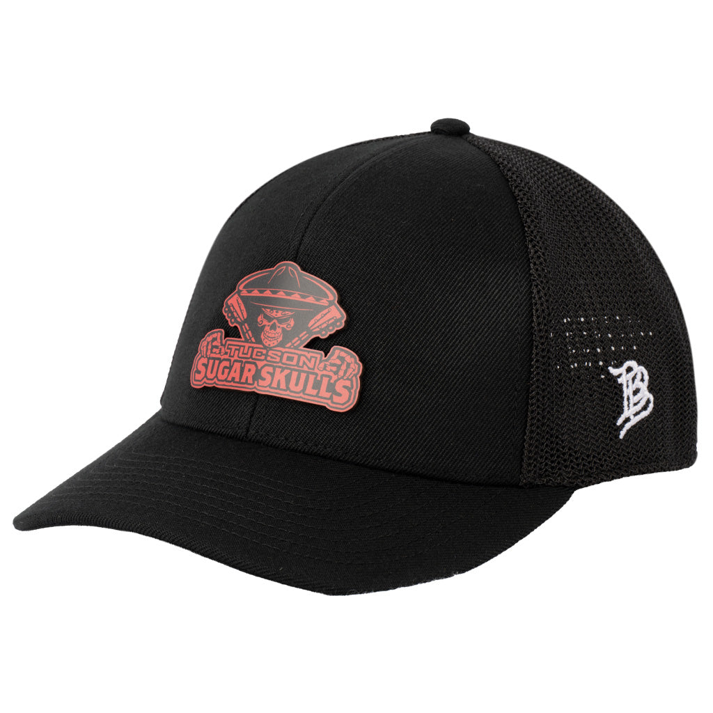 Tucson Sugar Skulls Branded Bills Red Logo Stack Curved Trucker Snapback Hat - Black
