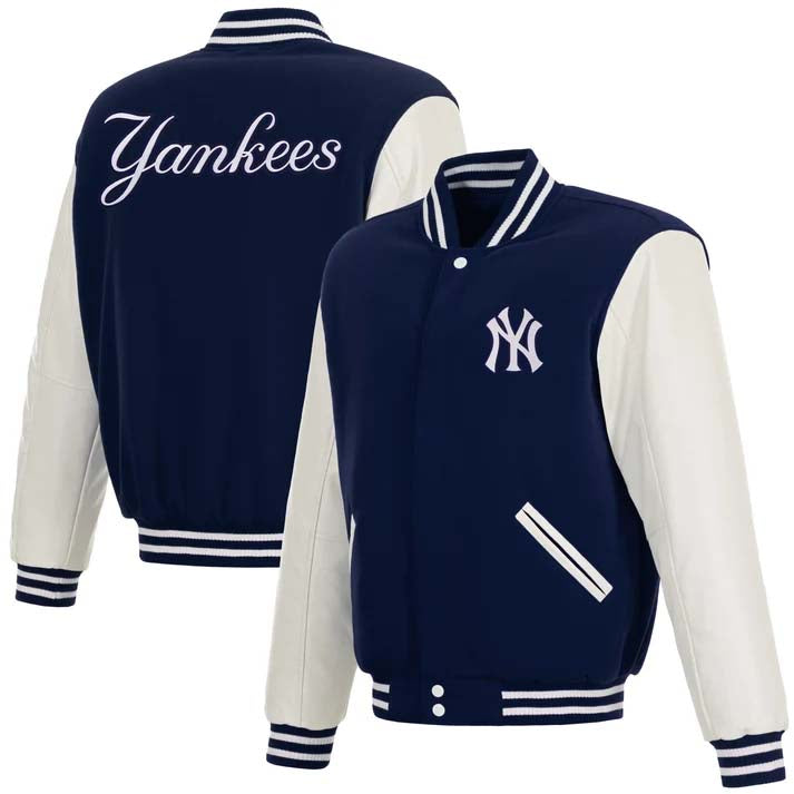 MLB New York Yankees JH Design Reversible Varsity Jacket- Navy/White