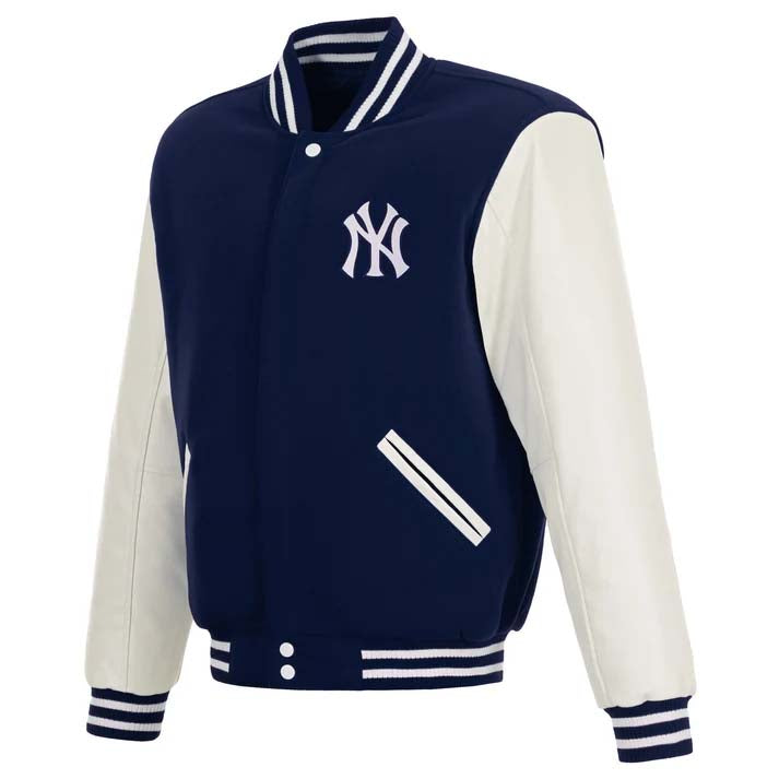 MLB New York Yankees JH Design Reversible Varsity Jacket- Navy/White