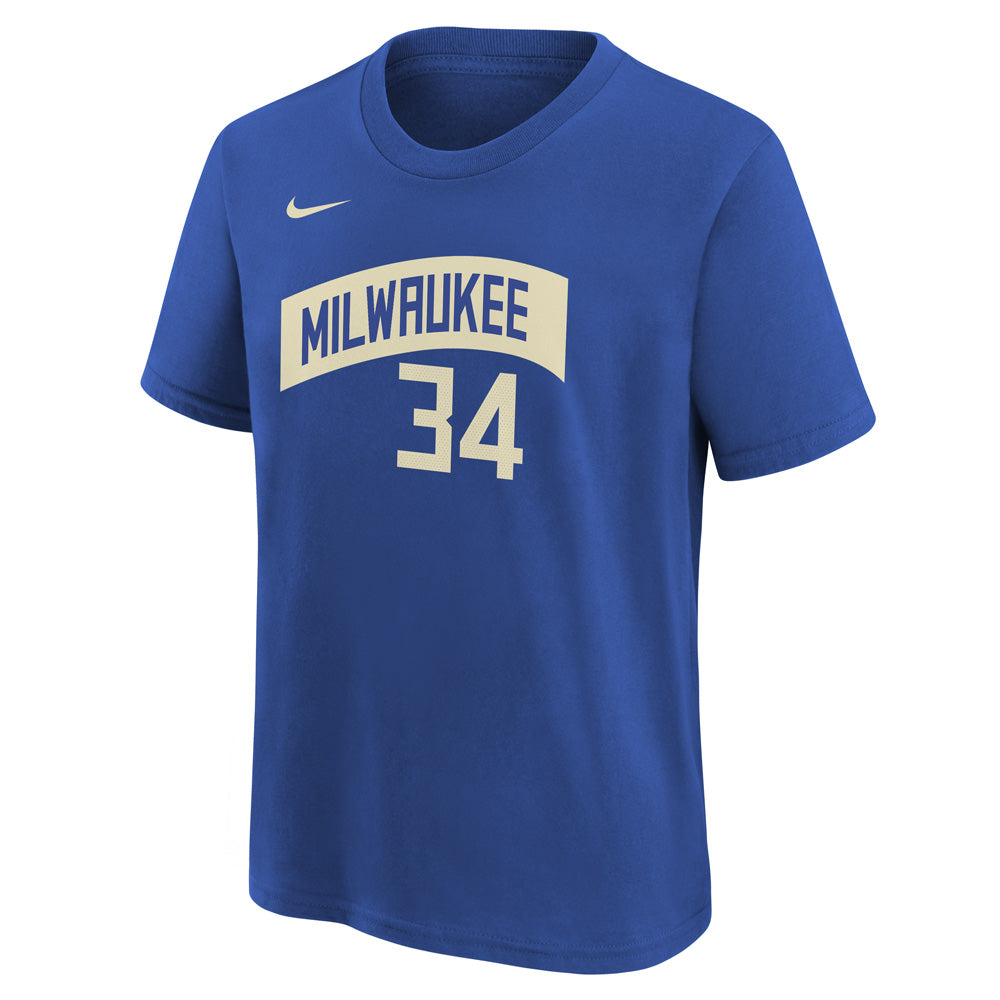 NBA Milwaukee Bucks Giannis Antetokounmpo Youth Nike 2023/24 City Edition Name &amp; Number Tee