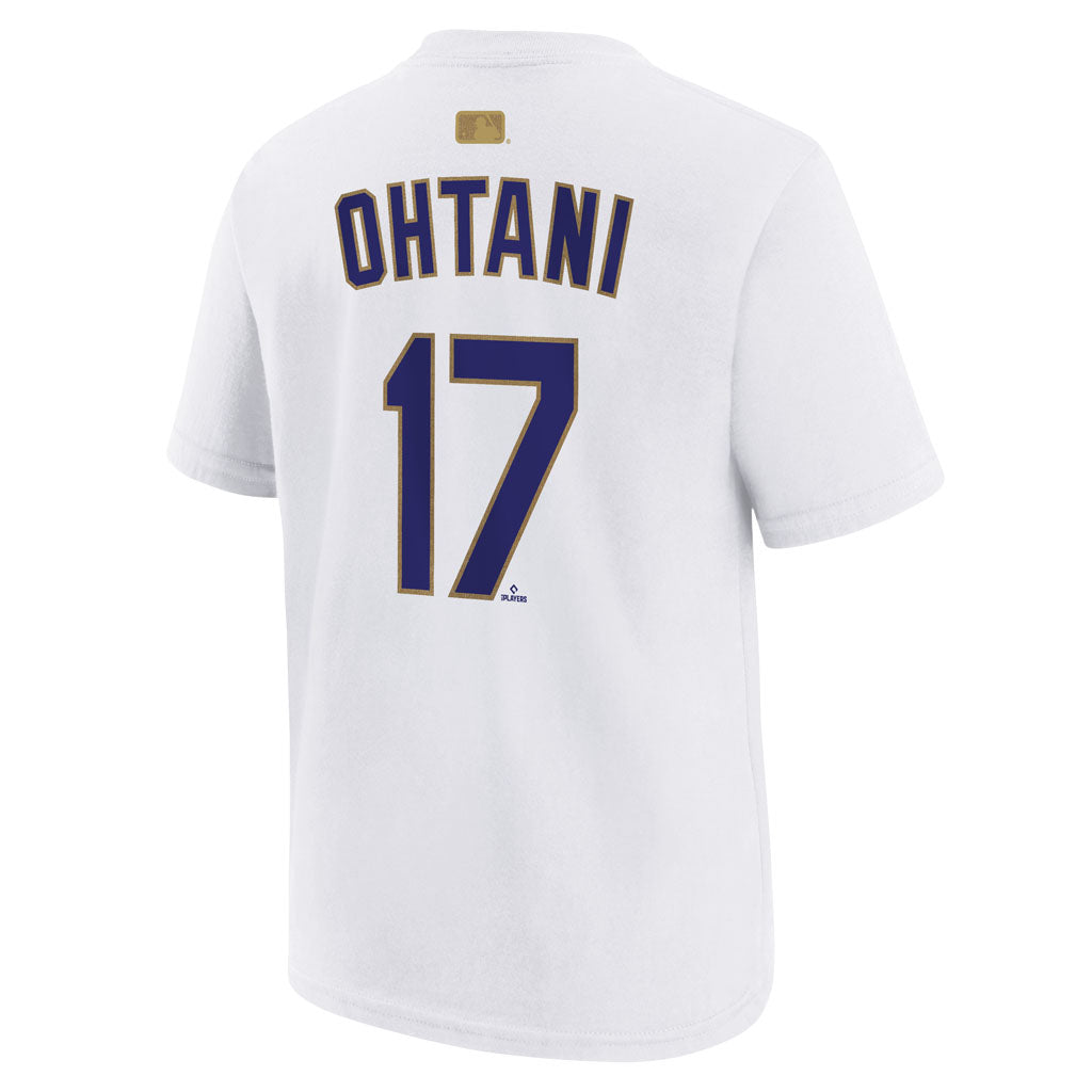 MLB Los Angeles Dodgers Shohei Ohtani Youth Nike 2026 Gold Name & Number T-Shirt - White