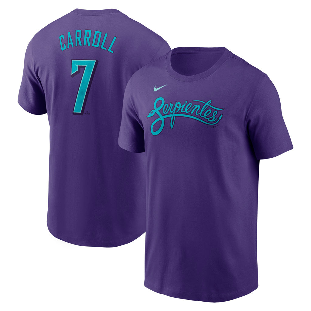 MLB Arizona Diamondbacks Corbin Carroll Nike 2025 City Connect Fuse Name & Number T-Shirt - Purple