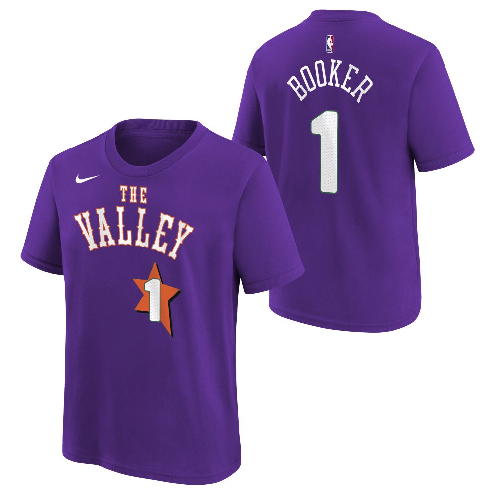 NBA Phoenix Suns Devin Booker Youth Nike City Edition 2024/25 Name & Number T-Shirt - Purple