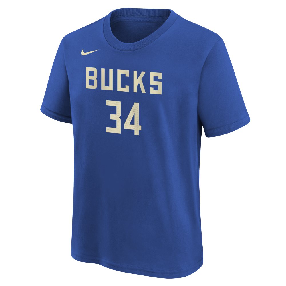 NBA Milwaukee Bucks Giannis Antetokounmpo Youth Nike City Edition 2024/25 Name & Number T-Shirt - Blue