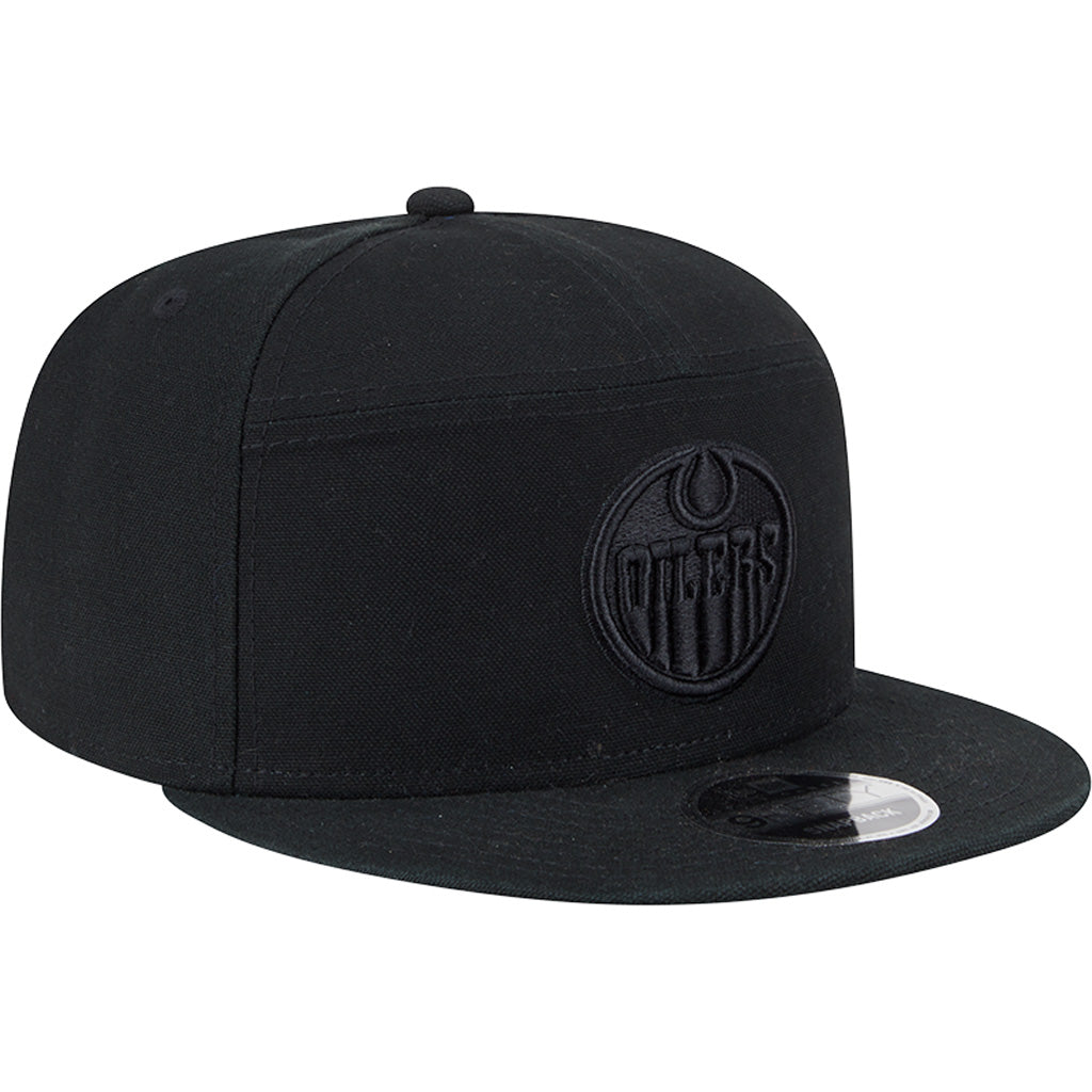 NHL Edmonton Oilers New Era Black on Black Cotton Canvas 9FIFTY Split Panel Snapback Hat - Black