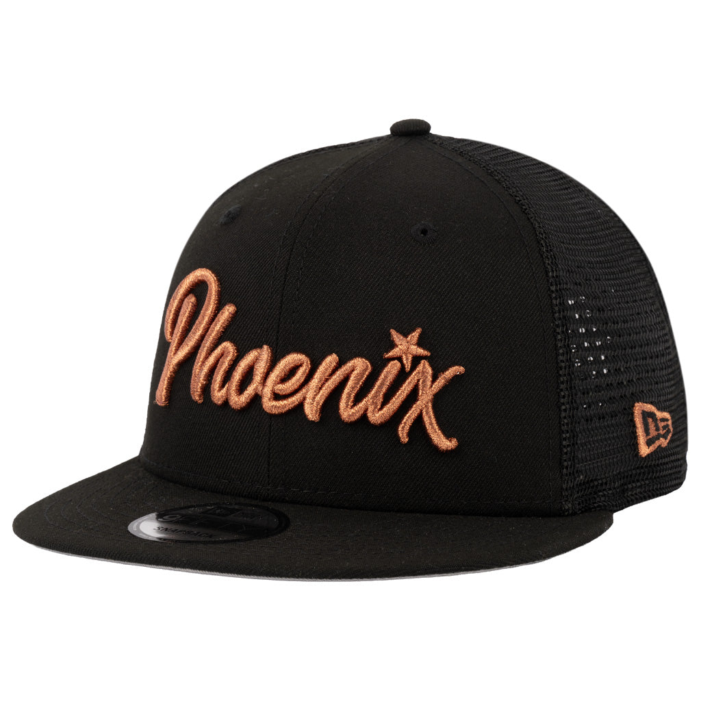 Phoenix Rising New Era Copper Player Script Trucker 9FIFTY Snapback Hat - Black