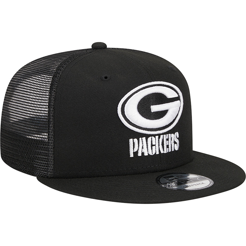 NFL Green Bay Packers New Era Black & White 9FIFTY Snapback Trucker Hat - Black