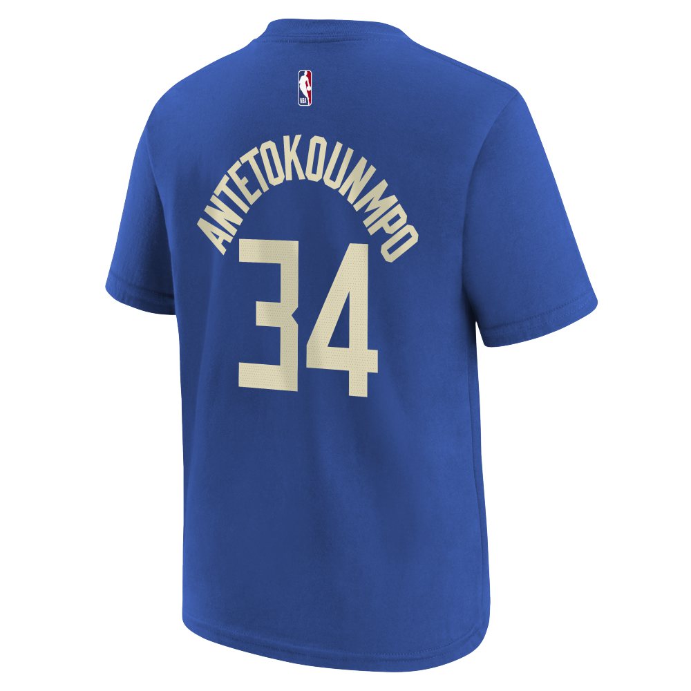 NBA Milwaukee Bucks Giannis Antetokounmpo Youth Nike City Edition 2024/25 Name & Number T-Shirt - Blue