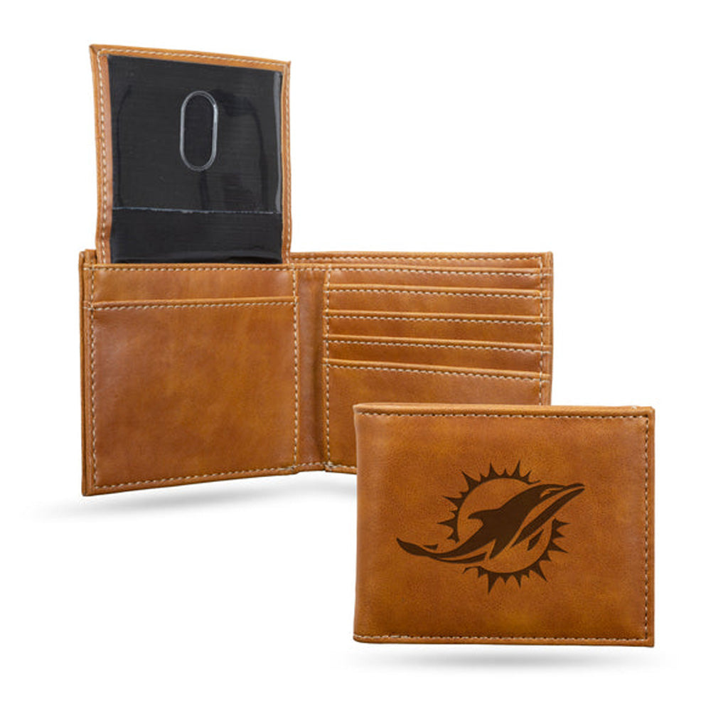 NFL Miami Dolphins Rico Engraved Billfold Wallet - Brown