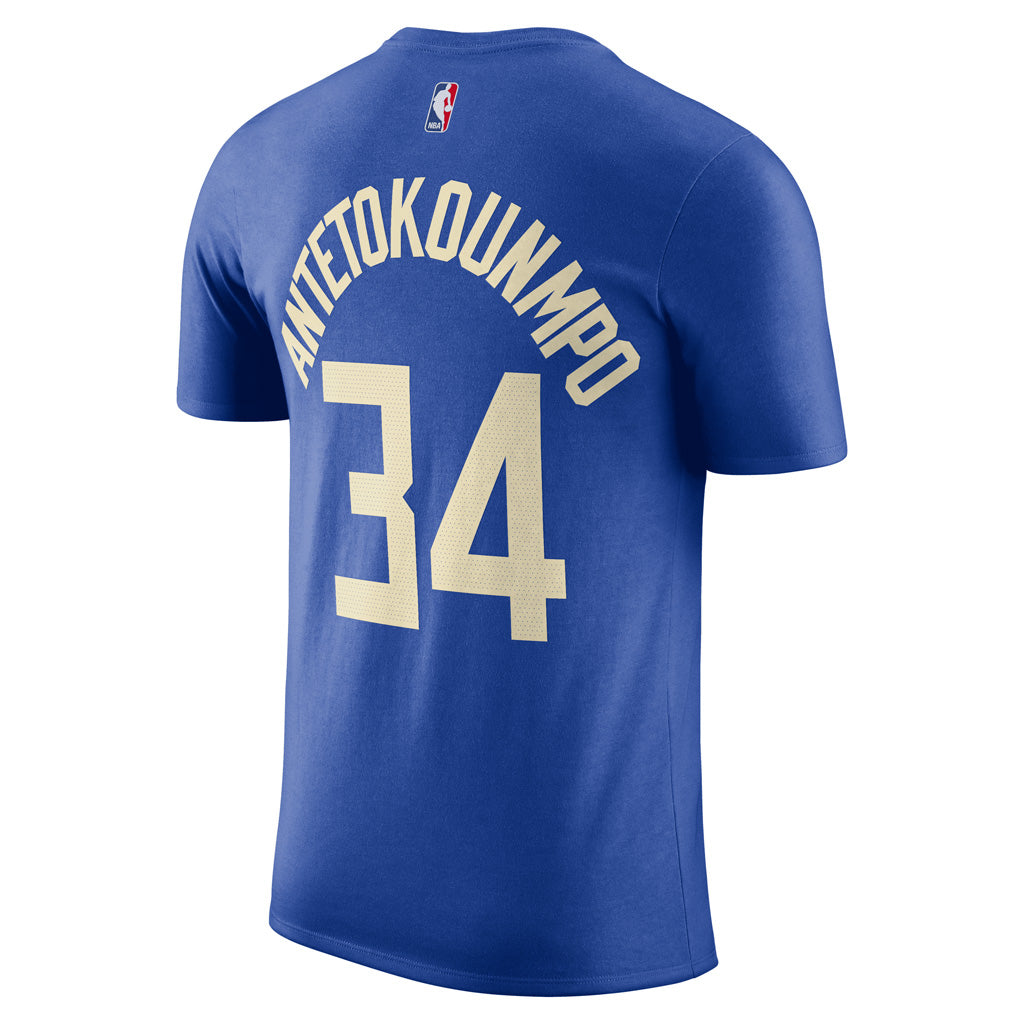 NBA Milwaukee Bucks Giannis Antetokounmpo City Edition 2025 Name & Number T-Shirt - Blue