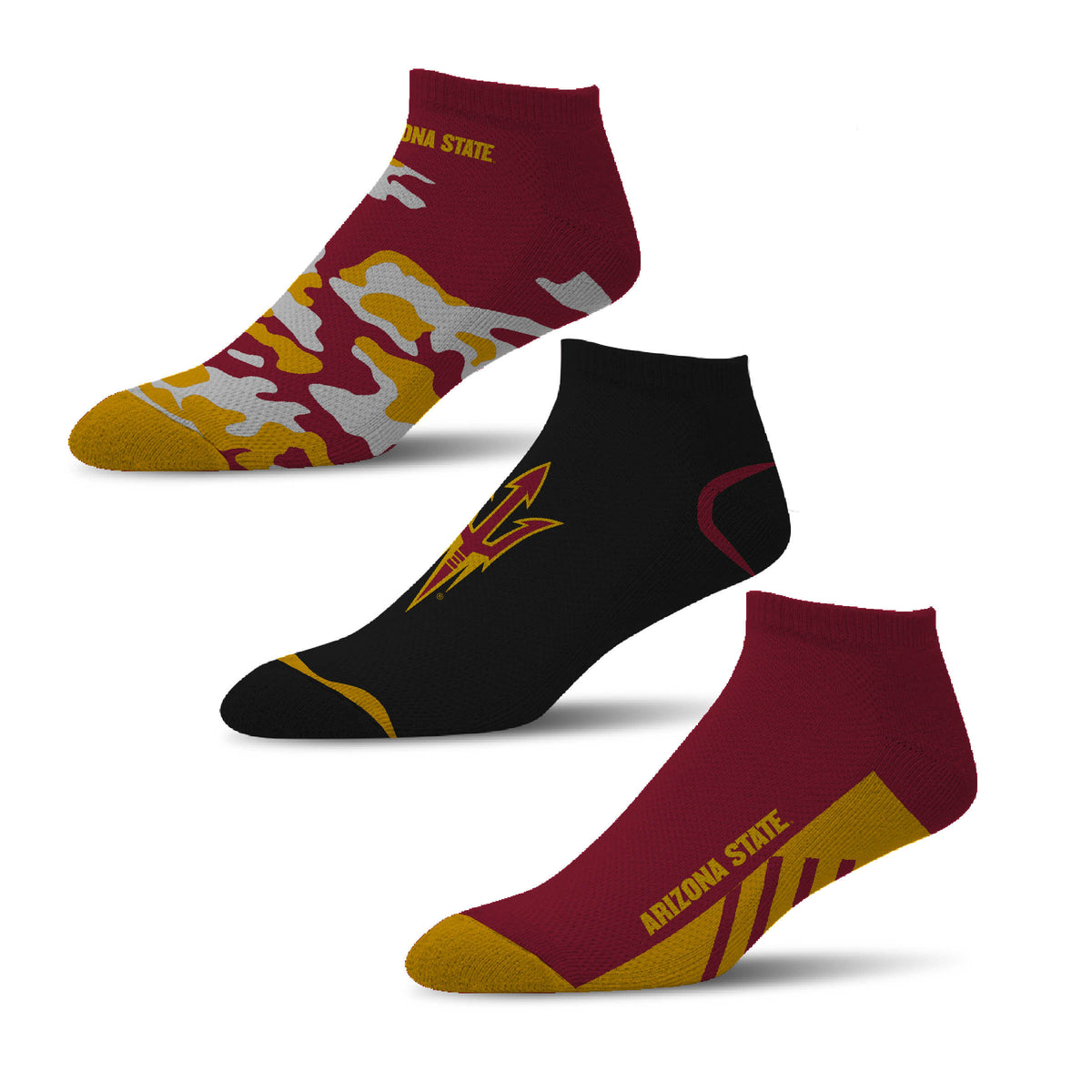 NCAA Arizona State Sun Devils For Bare Feet Camo Boom 3-Pack Ankle Socks
