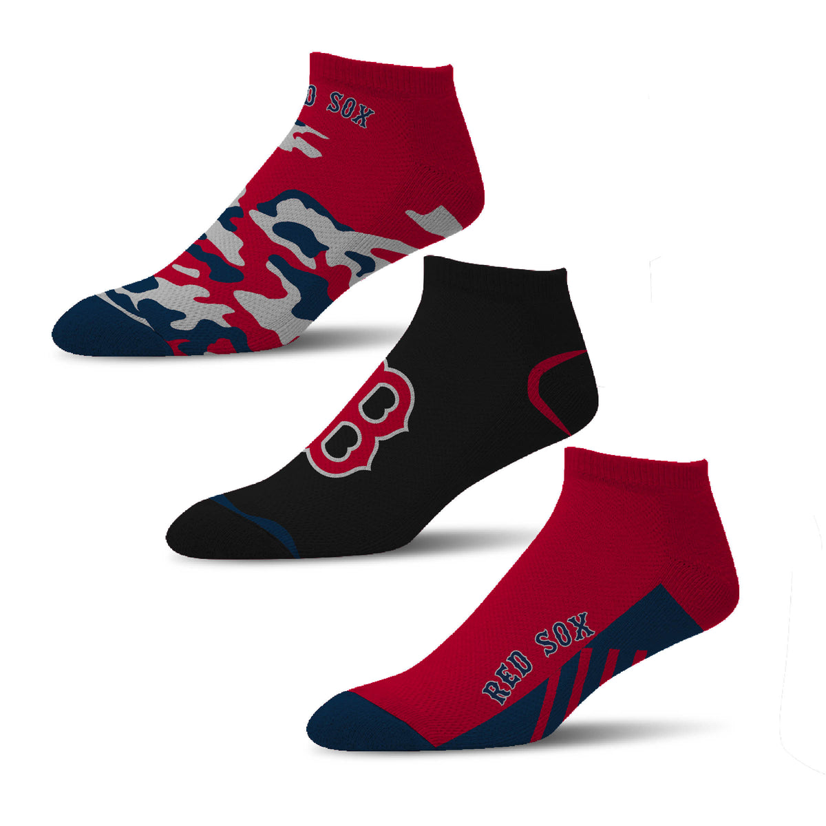MLB Boston Red Sox For Bare Feet Camo Boom 3-Pack Ankle Socks