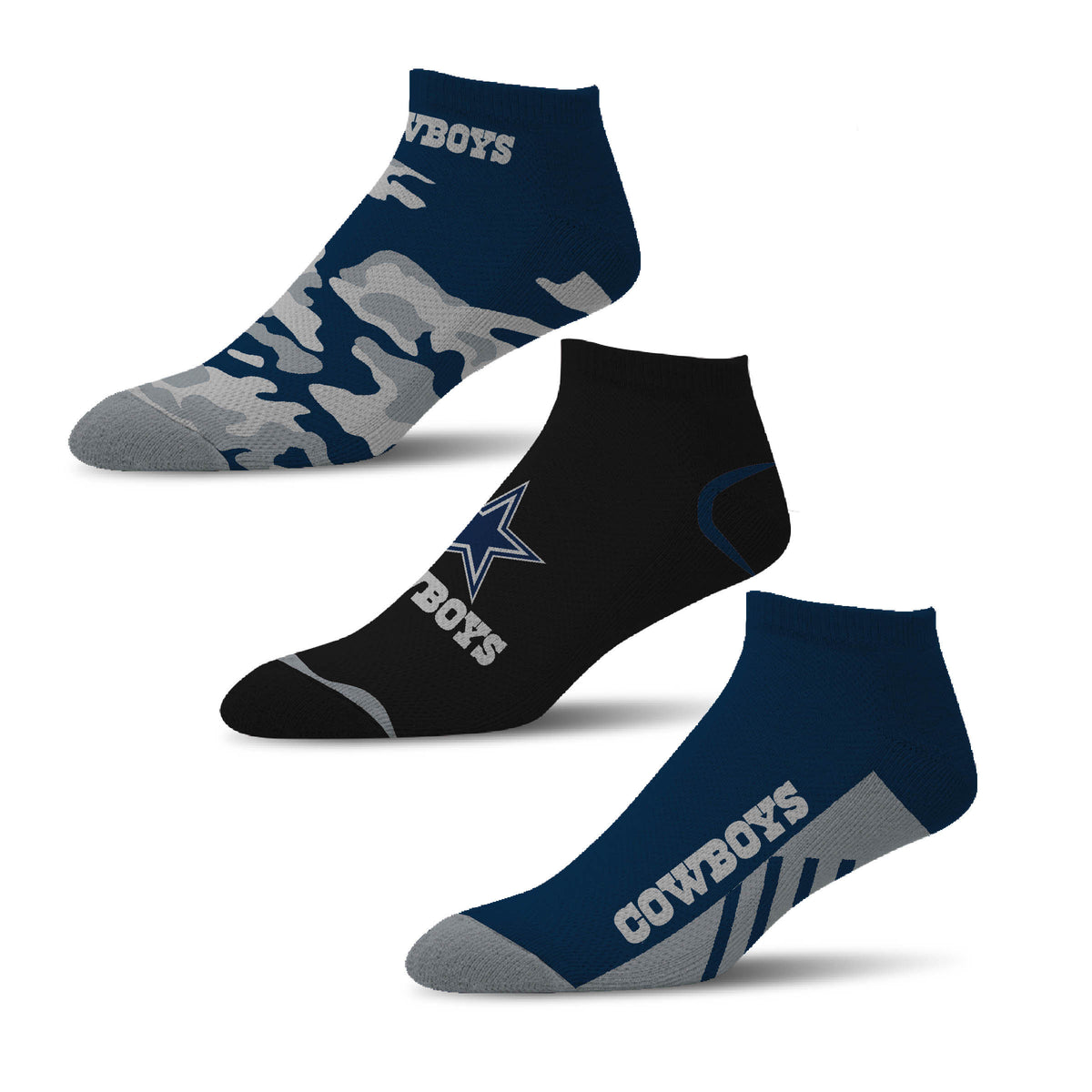 NFL Dallas Cowboys For Bare Feet Camo Boom 3-Pack Ankle Socks