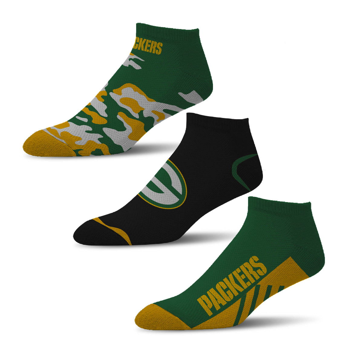 NFL Green Bay Packers For Bare Feet Camo Boom 3-Pack Ankle Socks