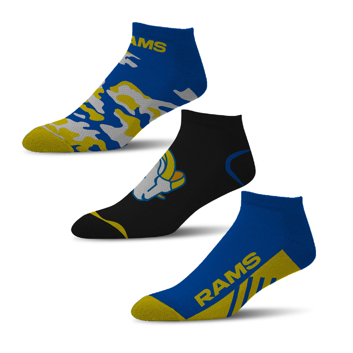 NFL Los Angeles Rams For Bare Feet Camo Boom 3-Pack Ankle Socks