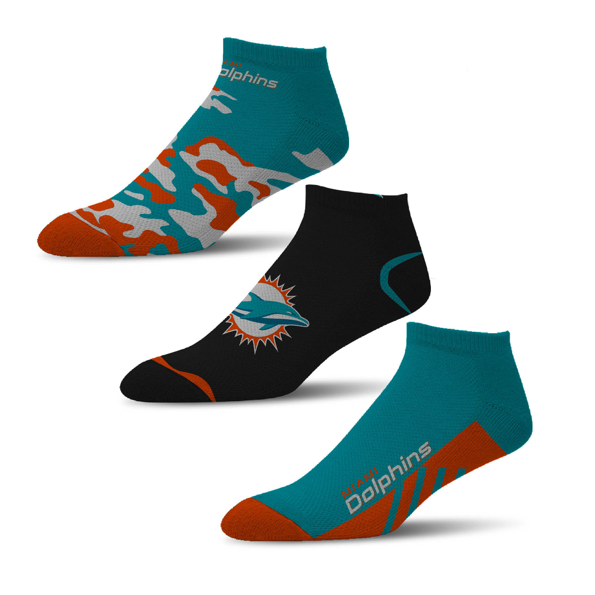 NFL Miami Dolphins For Bare Feet Camo Boom 3-Pack Ankle Socks