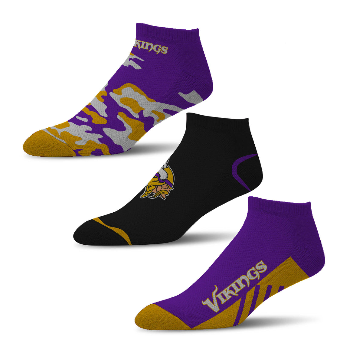 NFL Minnesota Vikings For Bare Feet Camo Boom 3-Pack Ankle Socks