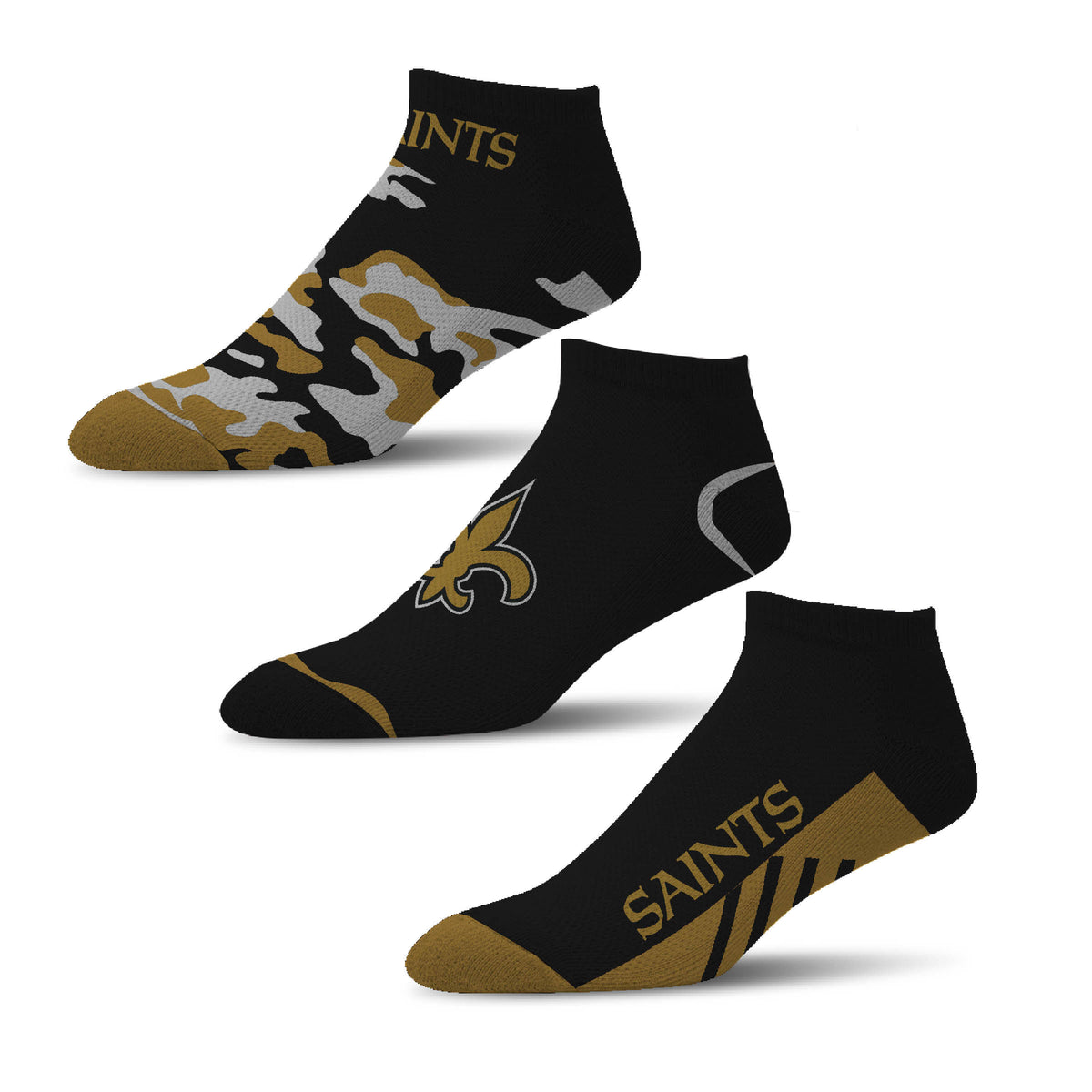 NFL New Orleans Saints For Bare Feet Camo Boom 3-Pack Ankle Socks