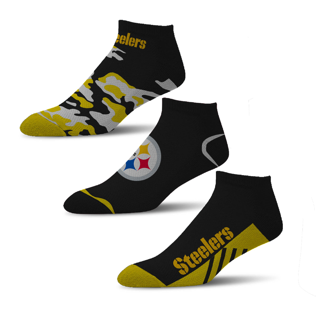 NFL Pittsburgh Steelers For Bare Feet Camo Boom 3-Pack Ankle Socks