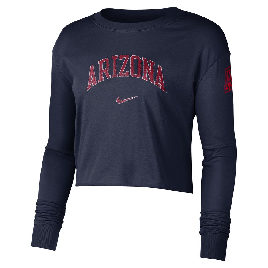 NCAA Arizona Wildcats Women&#39;s Nike Wordmark Arch Long Sleeve Crop Top