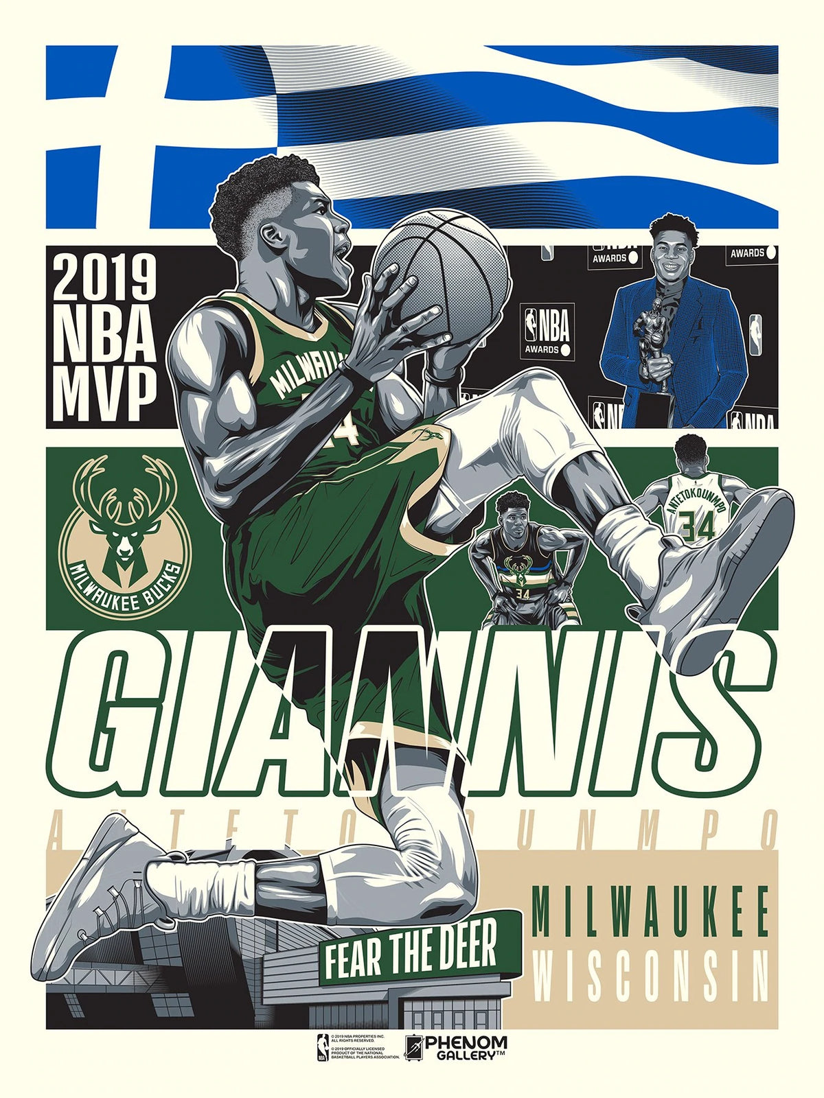 NBA Milwaukee Bucks Phenom Gallery 2019 Giannis MVP Serigraph Print