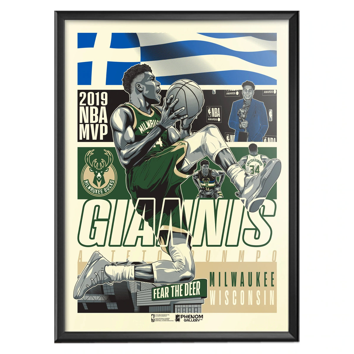 NBA Milwaukee Bucks Phenom Gallery Giannis MVP Limited Edition Deluxe Framed Serigraph Print