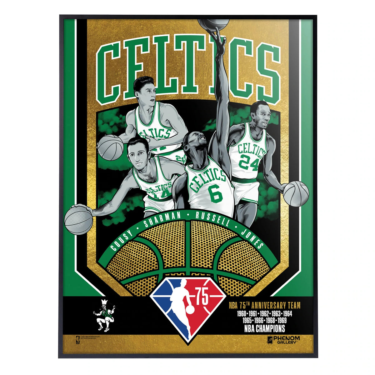 NBA Boston Celtics Phenom Gallery 75th Anniversary 60&#39;s NBA Champions 18&quot; x 24&quot; Deluxe Framed Gold Foil Serigraph