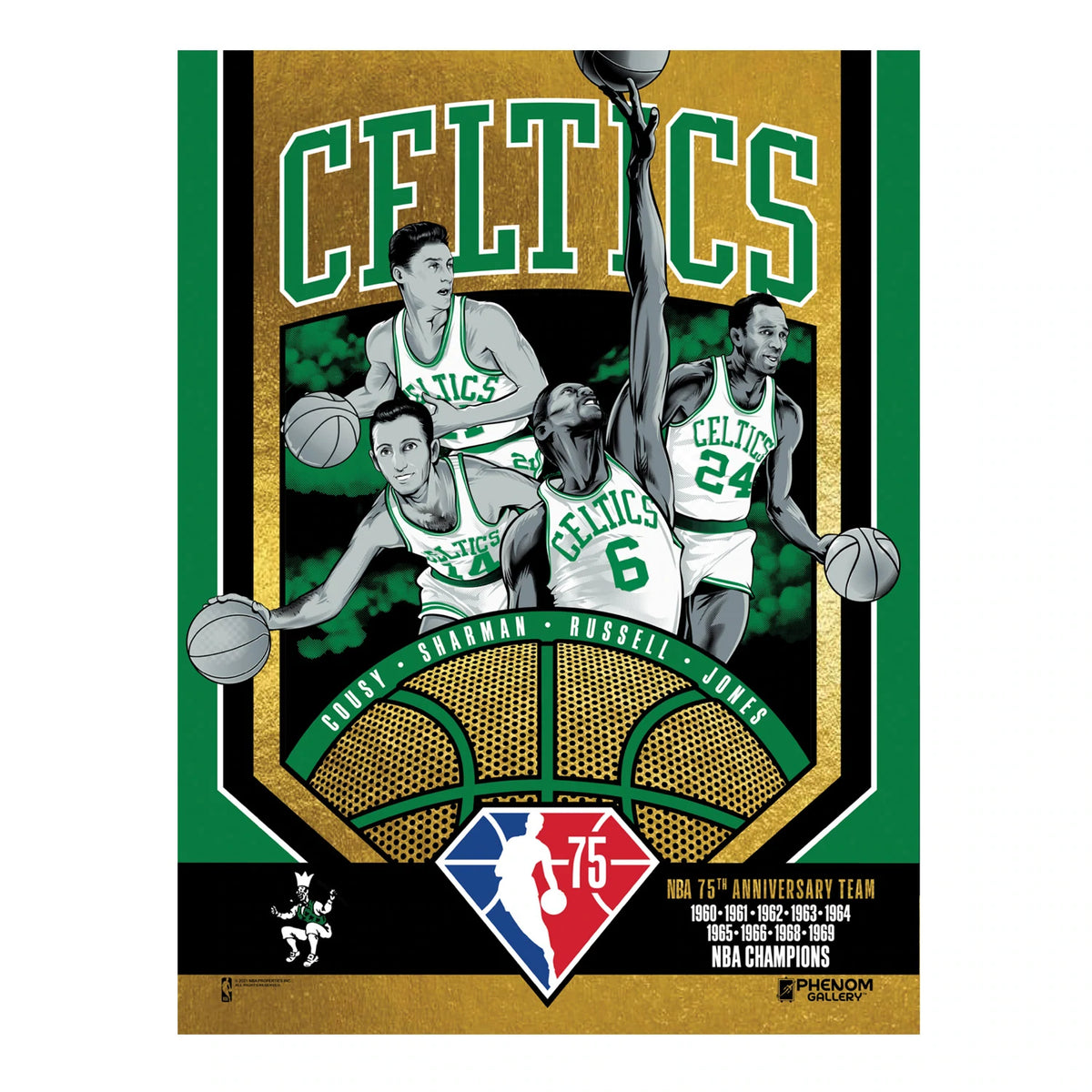 NBA Boston Celtics Phenom Gallery 75th Anniversary 60&#39;s NBA Champions 18&quot; x 24&quot; Gold Foil Serigraph