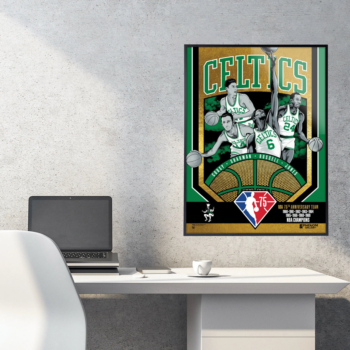 NBA Boston Celtics Phenom Gallery 75th Anniversary 60&#39;s NBA Champions 18&quot; x 24&quot; Deluxe Framed Gold Foil Serigraph