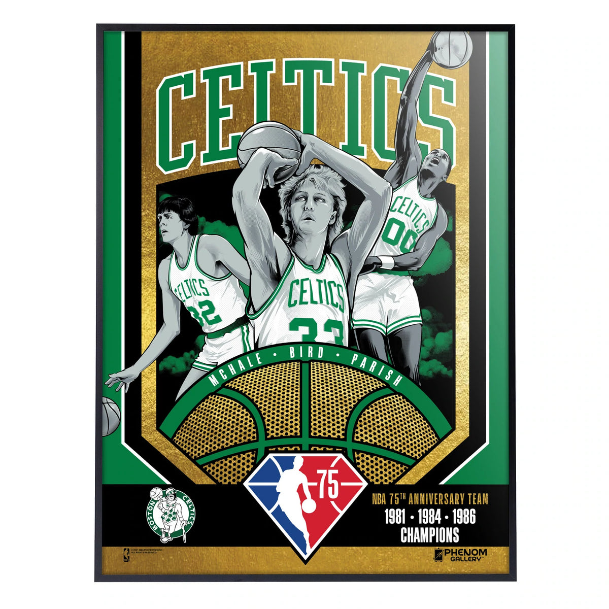 NBA Boston Celtics Phenom Gallery 75th Anniversary 80&#39;s NBA Champions 18&quot; x 24&quot; Deluxe Framed Gold Foil Serigraph