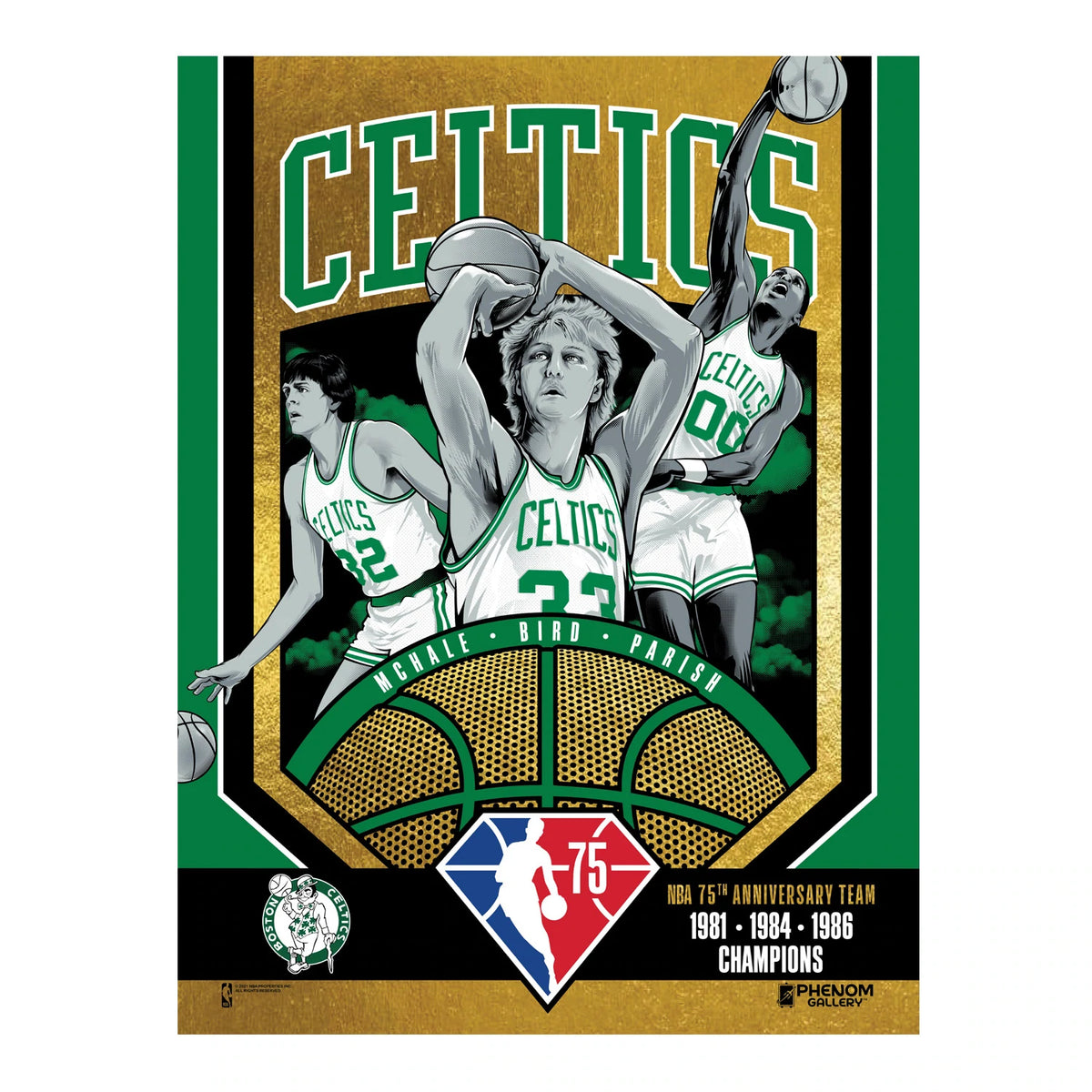 NBA Boston Celtics Phenom Gallery 75th Anniversary 80&#39;s NBA Champions 18&quot; x 24&quot; Gold Foil Serigraph
