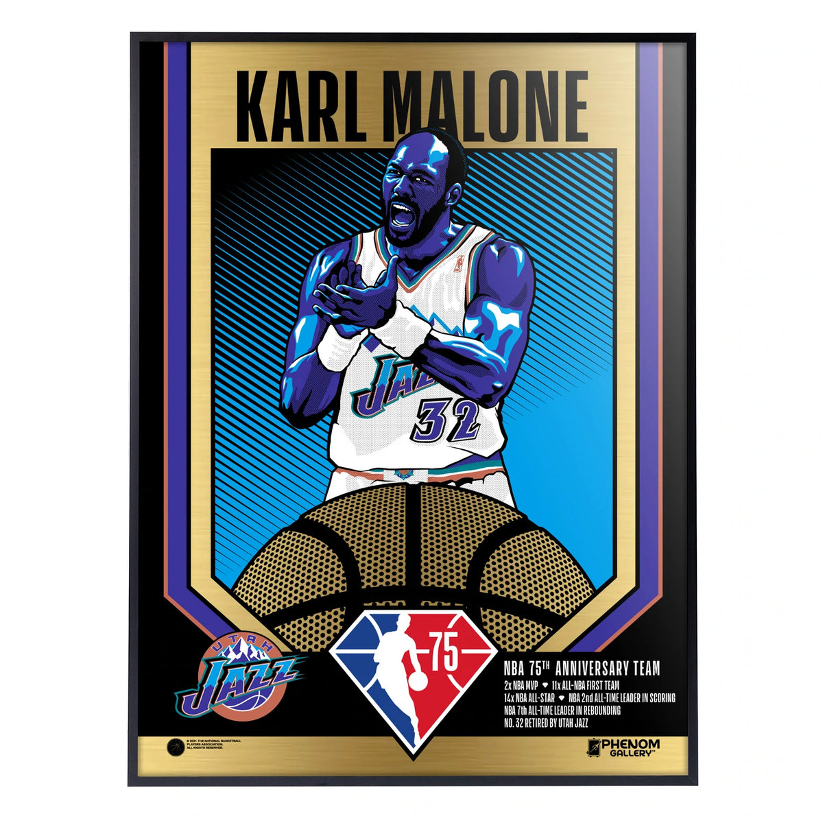 NBA Utah Jazz Phenom Gallery 75th Anniversary Karl Malone 18&quot; x 24&quot; Deluxe Framed Gold Foil Serigraph