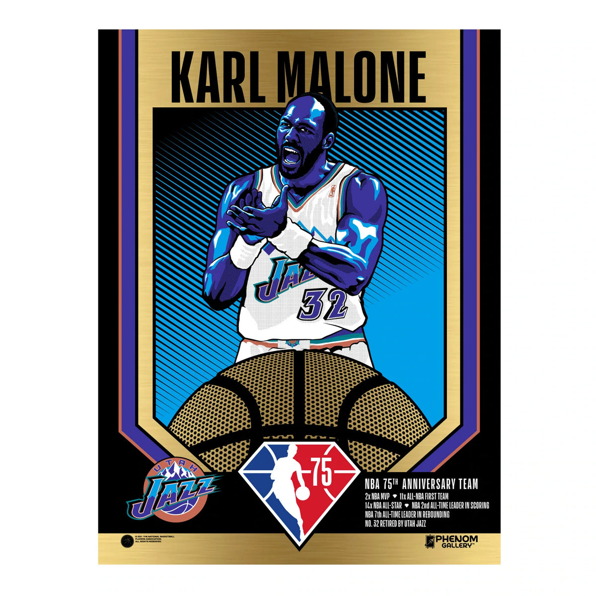 NBA Utah Jazz Phenom Gallery 75th Anniversary Karl Malone 18&quot; x 24&quot; Gold Foil Serigraph