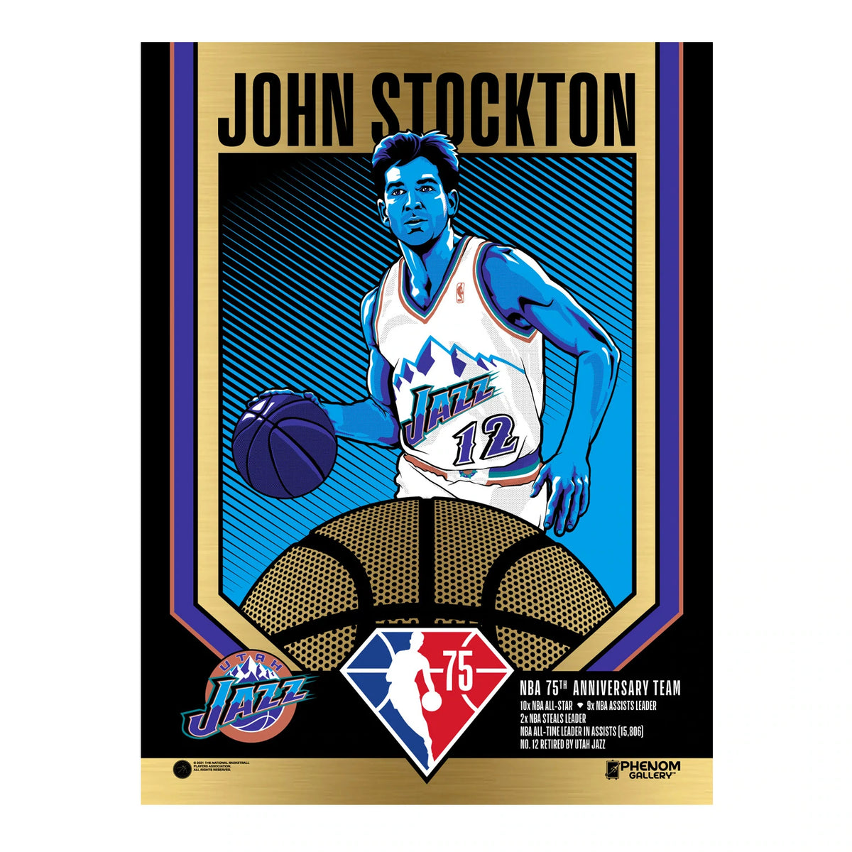 NBA Utah Jazz Phenom Gallery 75th Anniversary John Stockton 18&quot; x 24&quot; Gold Foil Serigraph