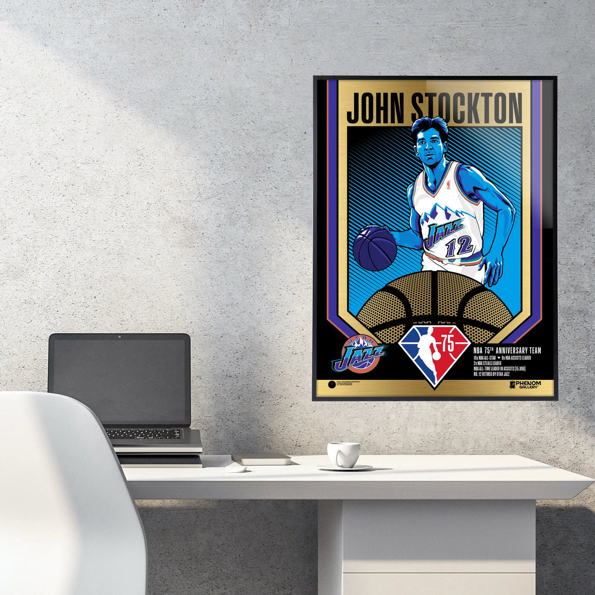 NBA Utah Jazz Phenom Gallery 75th Anniversary John Stockton 18&quot; x 24&quot; Deluxe Framed Gold Foil Serigraph